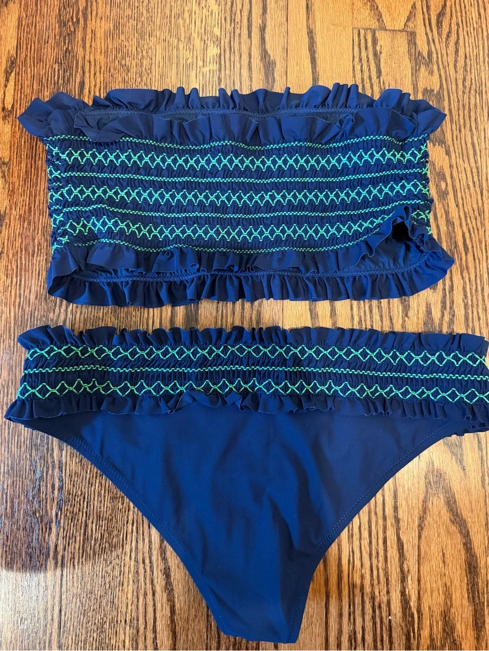 Tory Burch Costa Smocked Bandeau Bikini Set Navy Blue Green Trim M